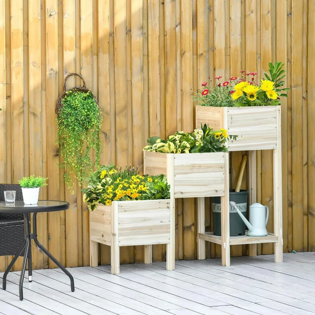 Raised bed 3 levels planter planter made of wood for garden balcony natural 125 x 45 x 108 cm