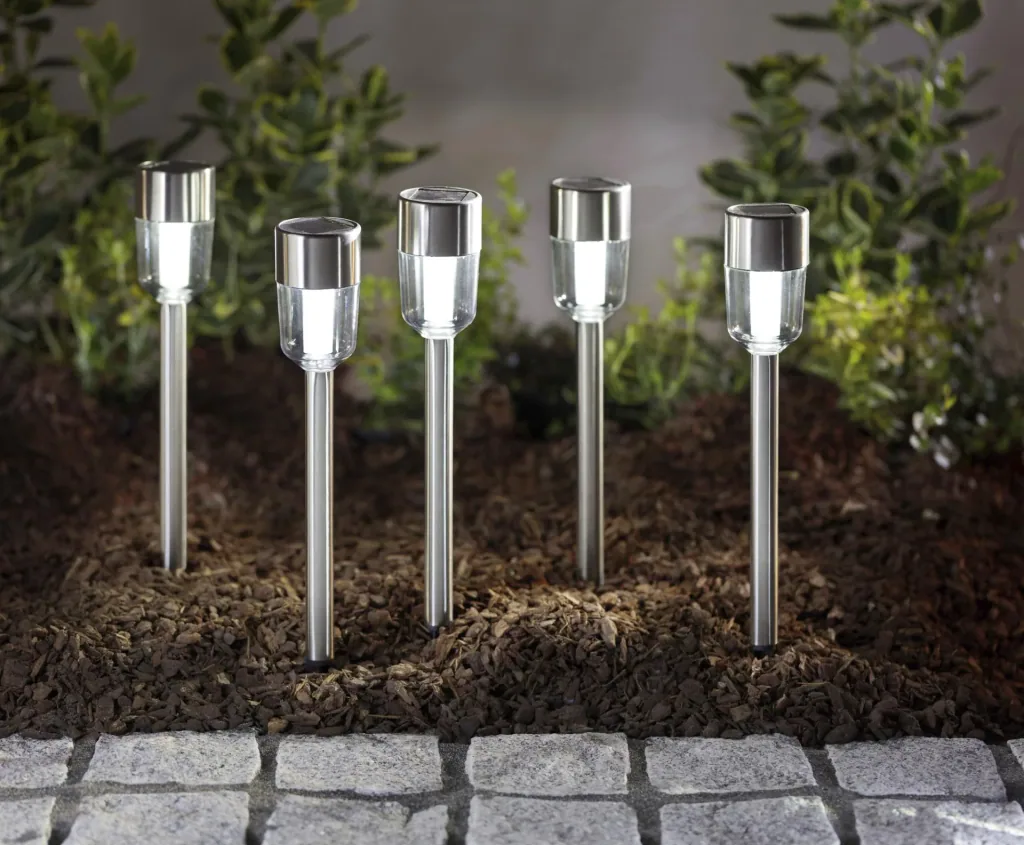 Set of 5 stainless steel solar lights with satin glass look