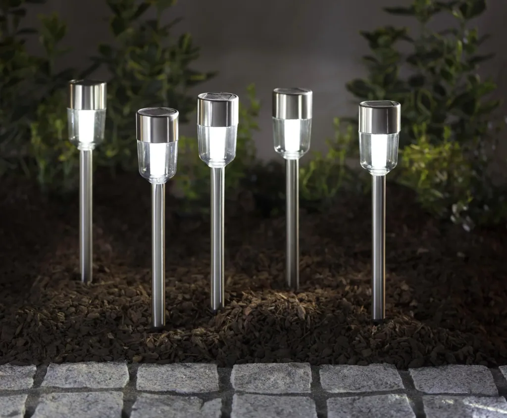 Set of 5 stainless steel solar lights with satin glass look