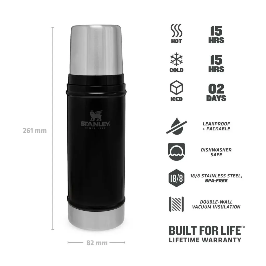 Classic vacuum bottle 0.47 l, matt black, double-walled vacuum insulation, drinking cup