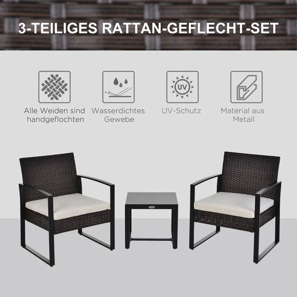 Polyrattan seating group garden set 3 pcs. Garden furniture with cushions garden brown