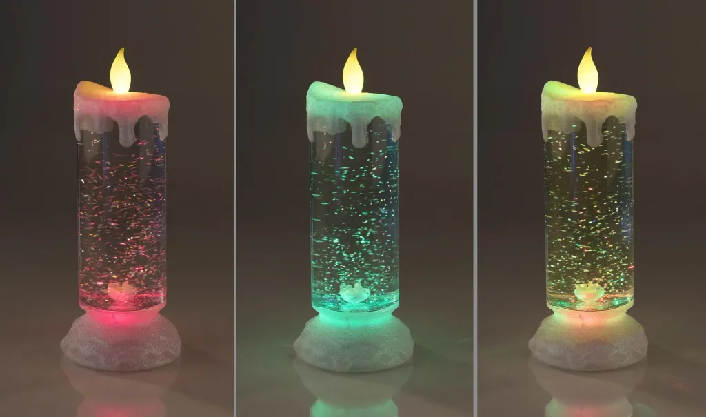 Acrylic candle with color change and glitter effect