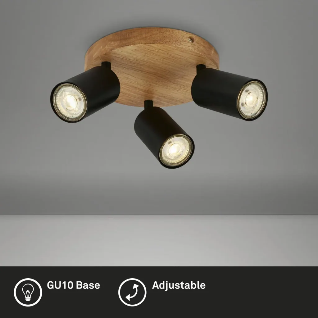 Vintage spotlight 3-bulb, black with wooden canopy, 3 x GU10 socket