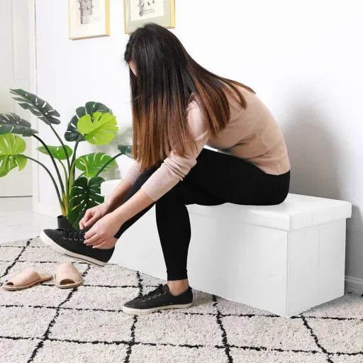 Foldable seat box with hinged lid white - 115x38x38cm