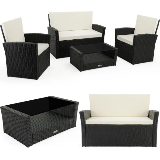 Polyrattan garden set - 10 pieces - black/cream
