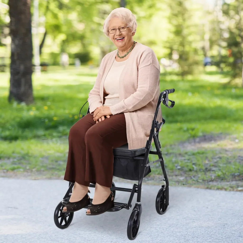 Rollator with seat and storage space