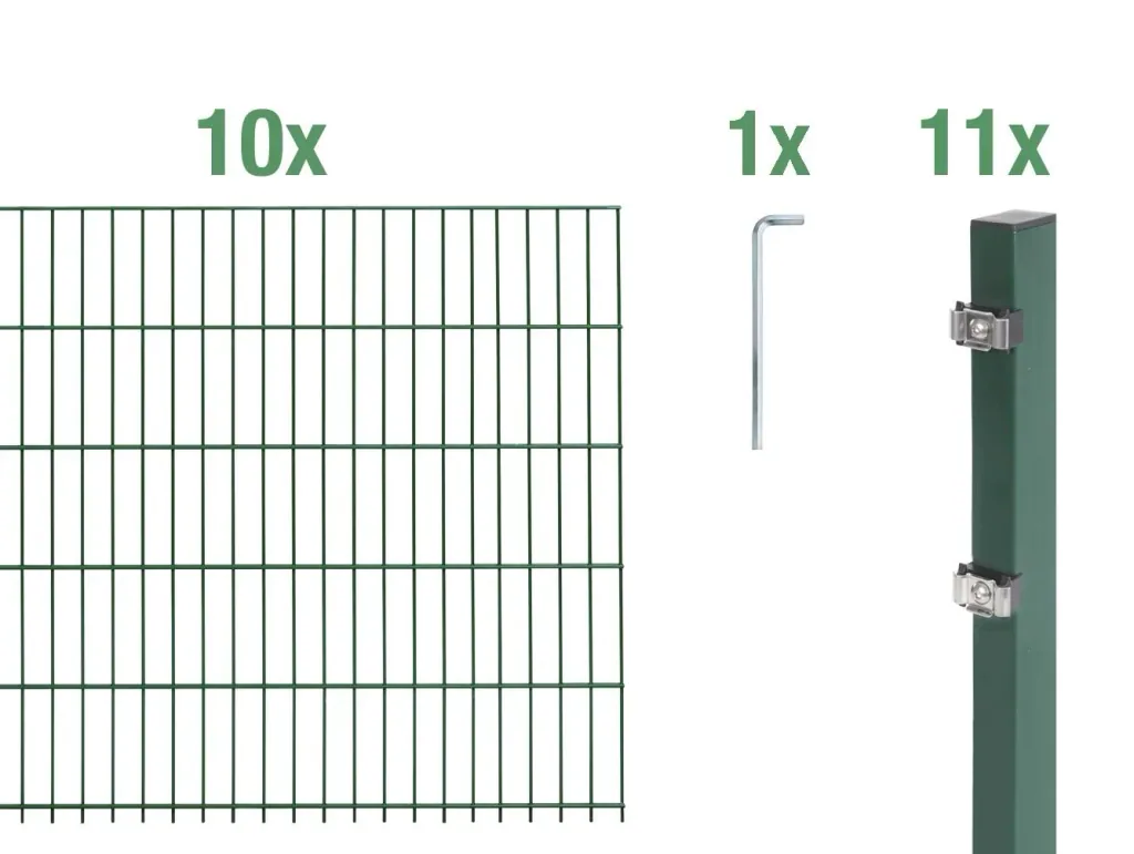 Double rod mesh fence complete set, green, height 100 cm, length 20 m