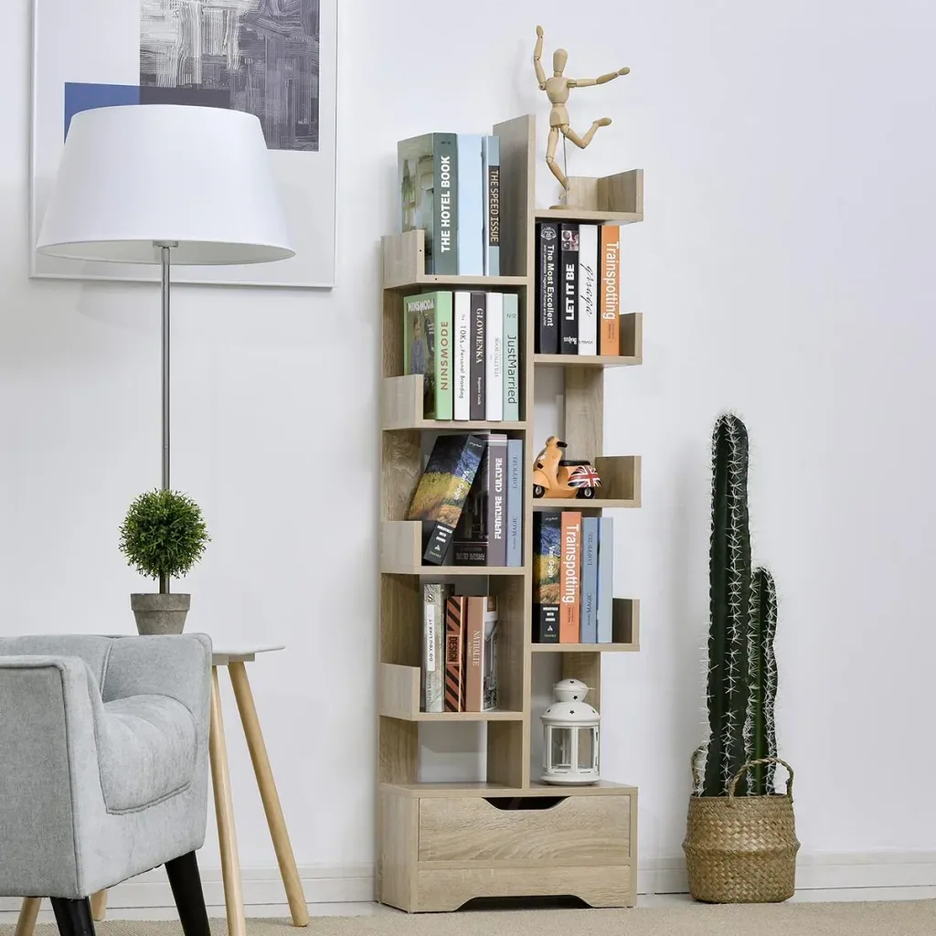 Bookcase with 10 compartments and drawer, standing shelf, corner bookcase, E1 chipboard, 46 x 20 x 151 cm