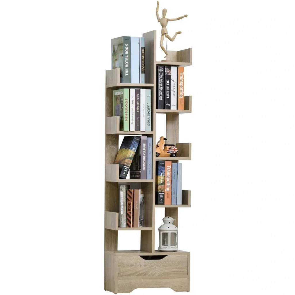 Bookcase with 10 compartments and drawer, standing shelf, corner bookcase, E1 chipboard, 46 x 20 x 151 cm