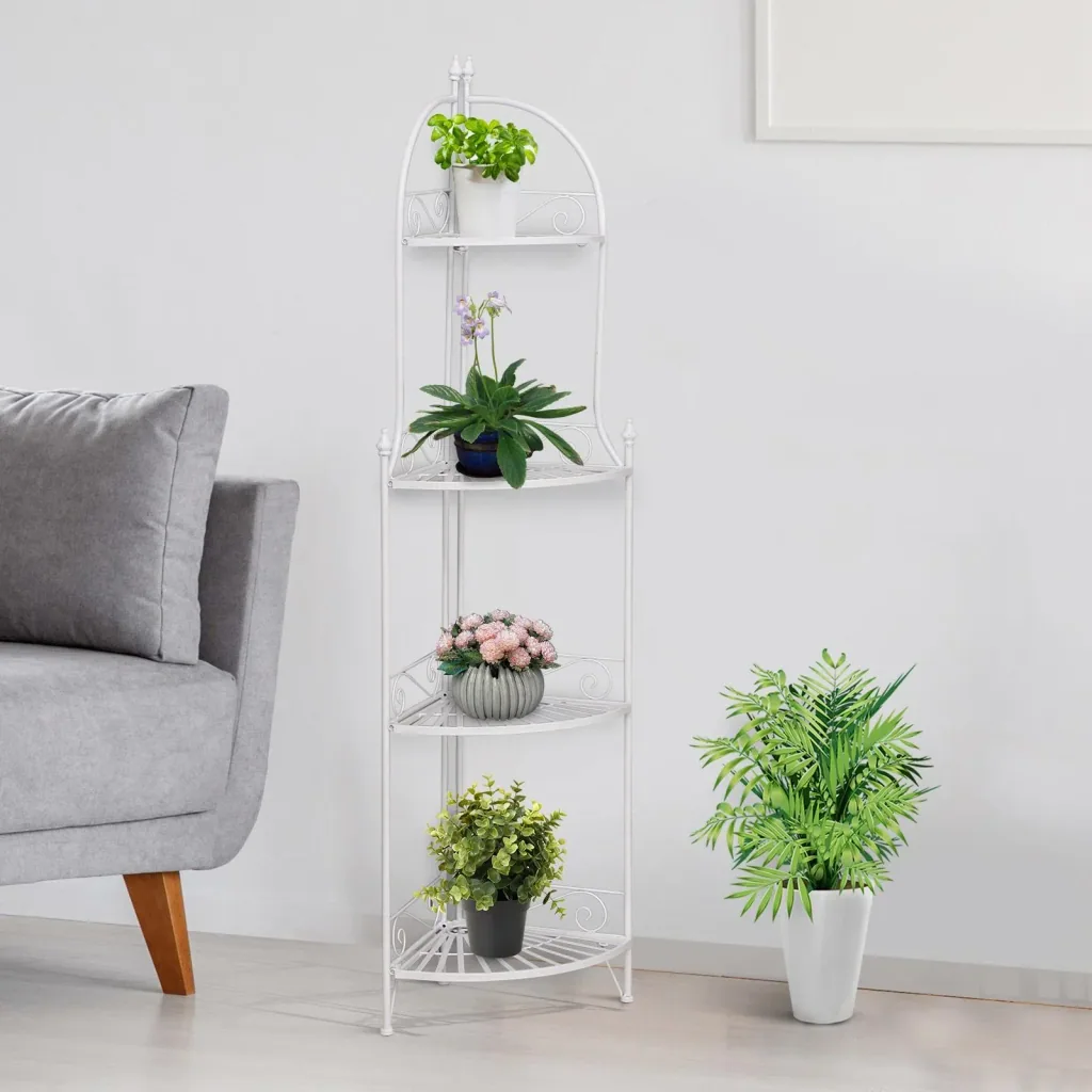 Bathroom shelf, plant shelf, standing shelf, bookcase, storage shelf, foldable metal, white, 46 x 31 x 157 cm