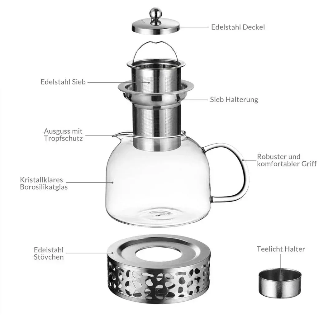 Glass teapot including warmer 1.5L