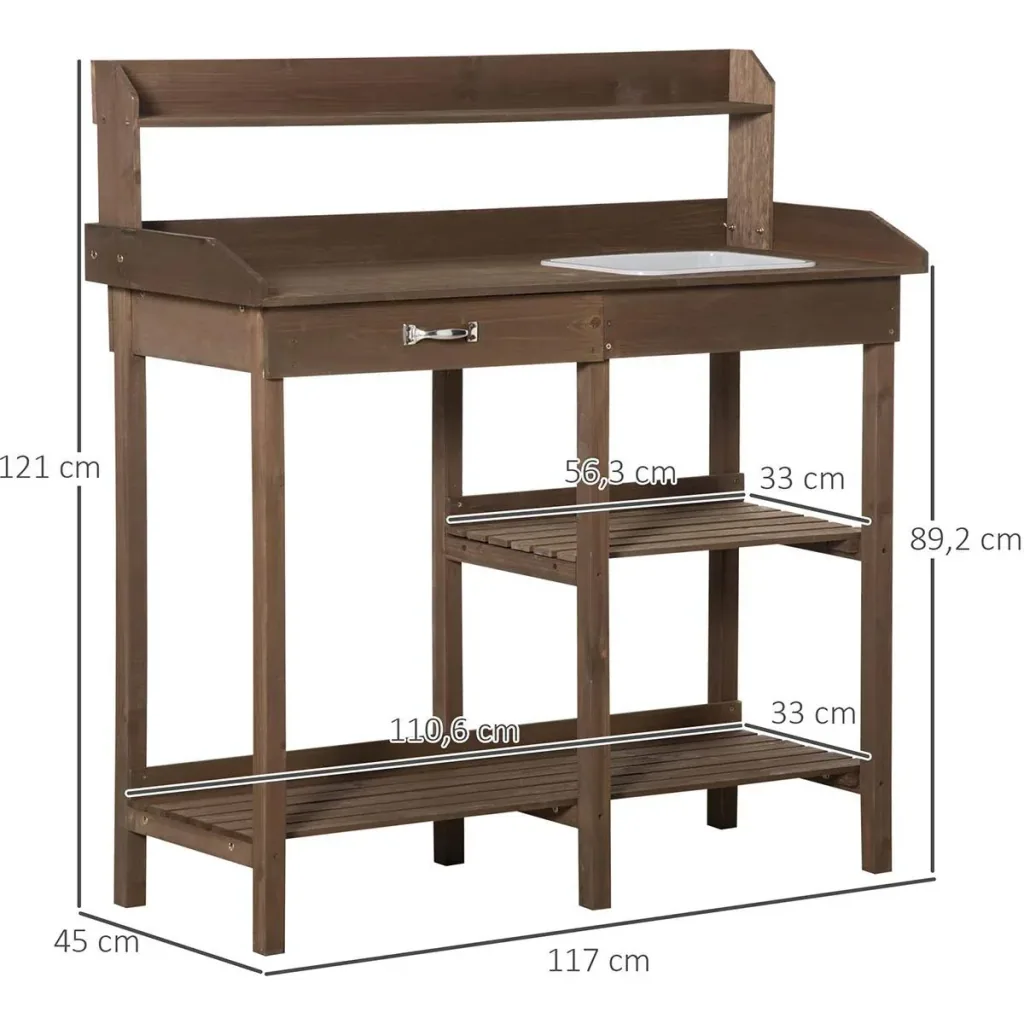 Planting table with tub, brown wood, 117 x 45 x 121 cm
