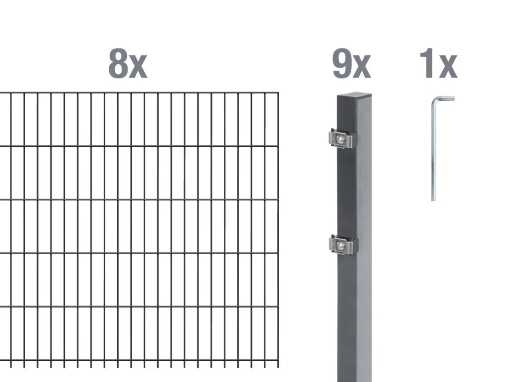 Double rod mesh fence complete set, anthracite, height 160 cm, length 16 m