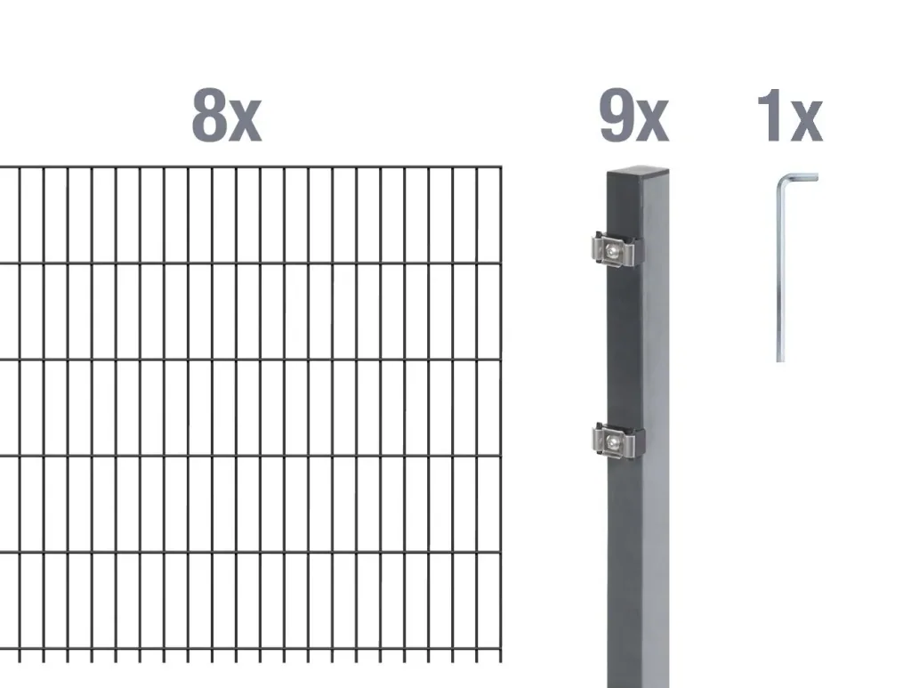 Double rod mesh fence complete set, anthracite, height 160 cm, length 16 m