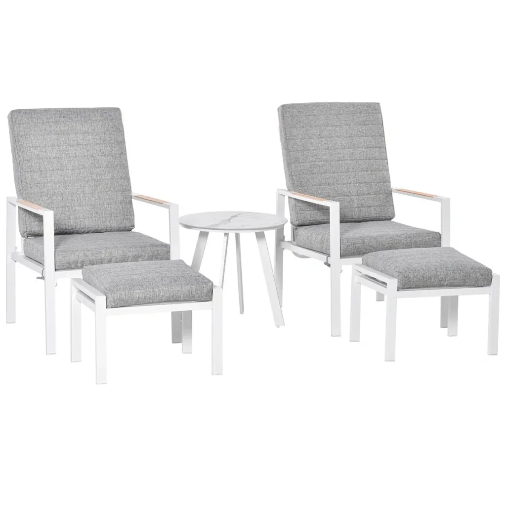 5-piece garden furniture set with back cushions, seat cushions, balcony furniture with 3-level adjustable backrest, tempered glass, aluminum