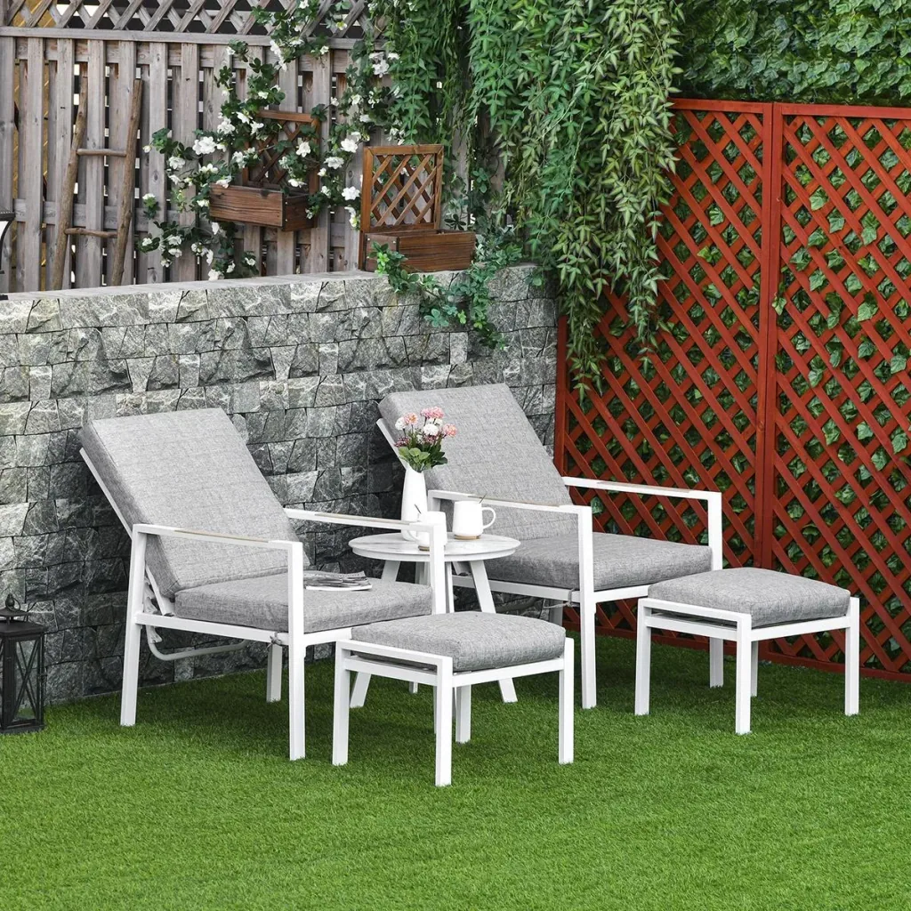 5-piece garden furniture set with back cushions, seat cushions, balcony furniture with 3-level adjustable backrest, tempered glass, aluminum