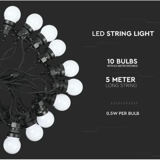 VT-70510 String Lights - Waterproof - 10 LED Bulbs - 3000K - 5M