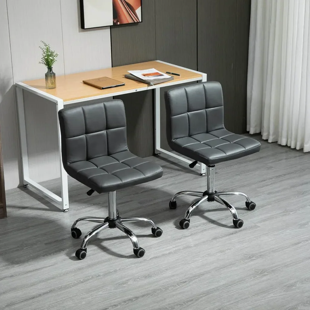 Set of 2 work stools with backrest, rolling stool made of artificial leather, swivel stool with backrest, cosmetic stool 80-95 cm height adjustable