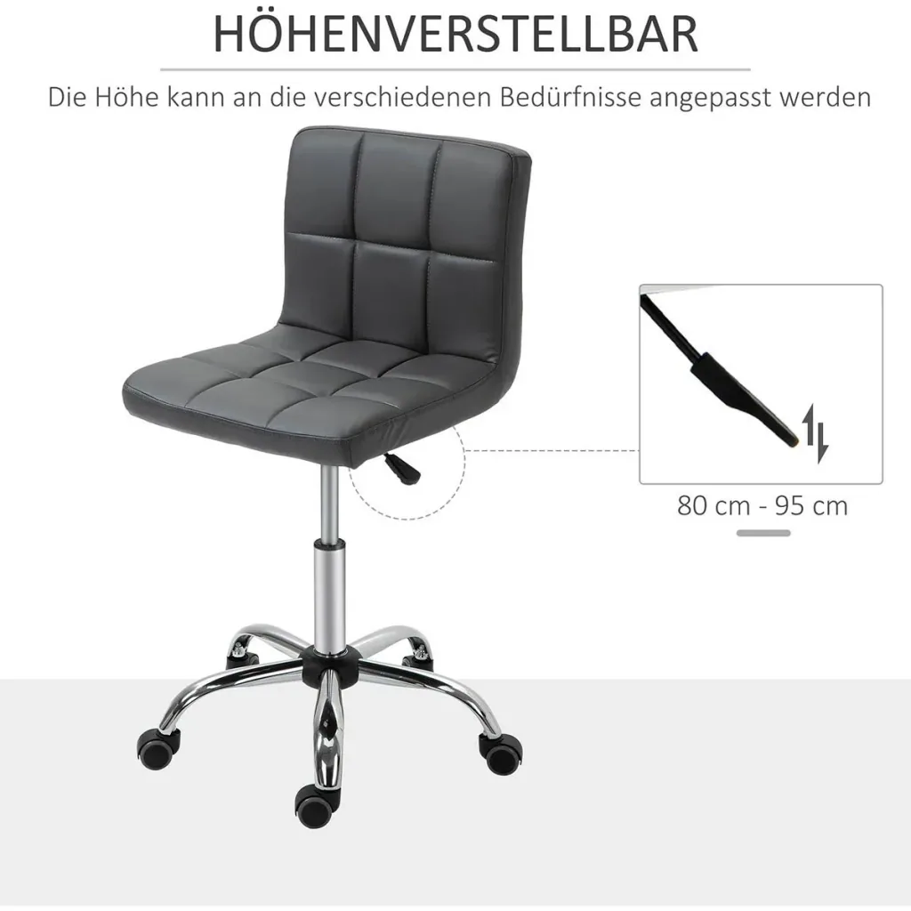 Set of 2 work stools with backrest, rolling stool made of artificial leather, swivel stool with backrest, cosmetic stool 80-95 cm height adjustable