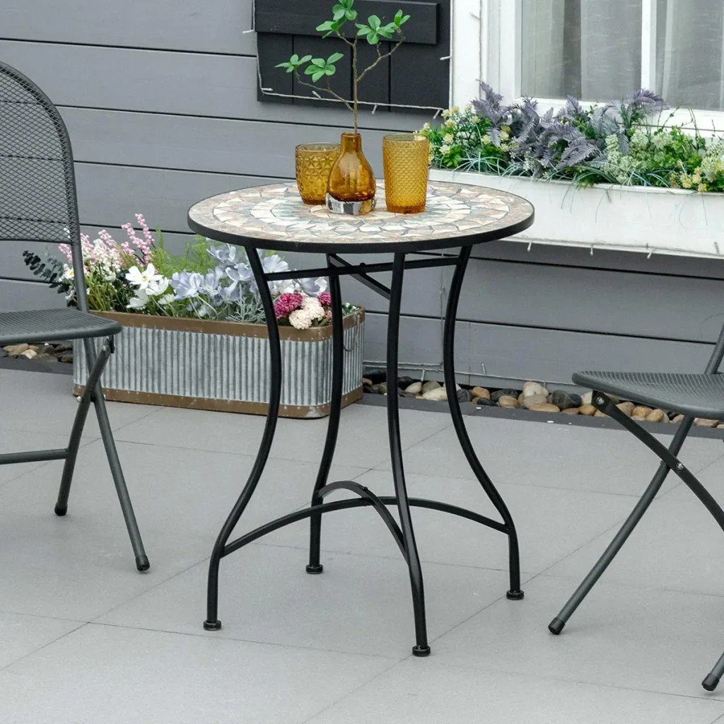Bistro garden table in mosaic look, ceramic+metal, green+beige+white, 60 x 71 cm