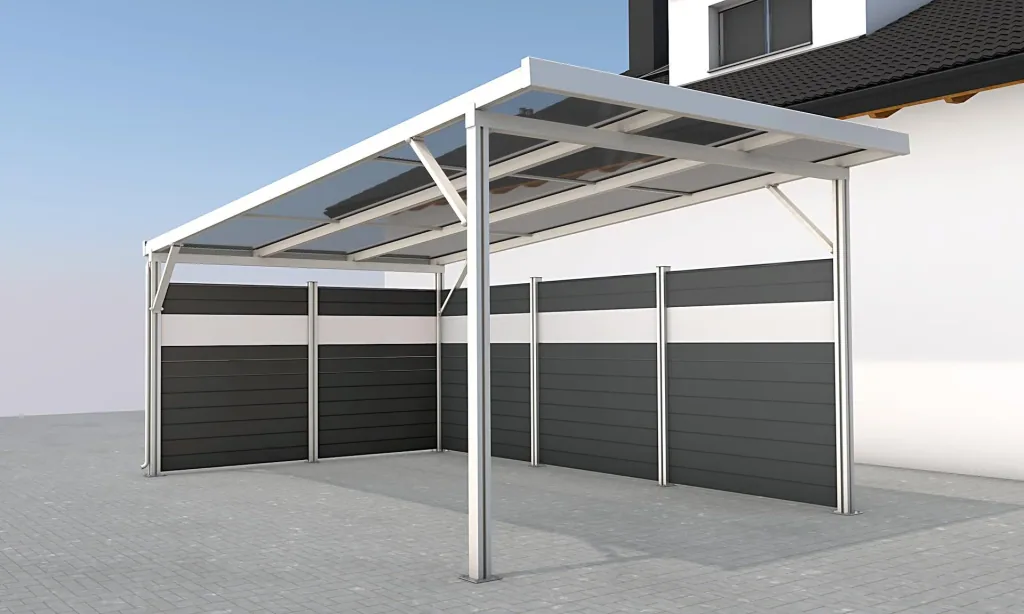 Side wall for carports, white, 5.82 x 1.86 m, WPC boards dark grey / PC panels clear