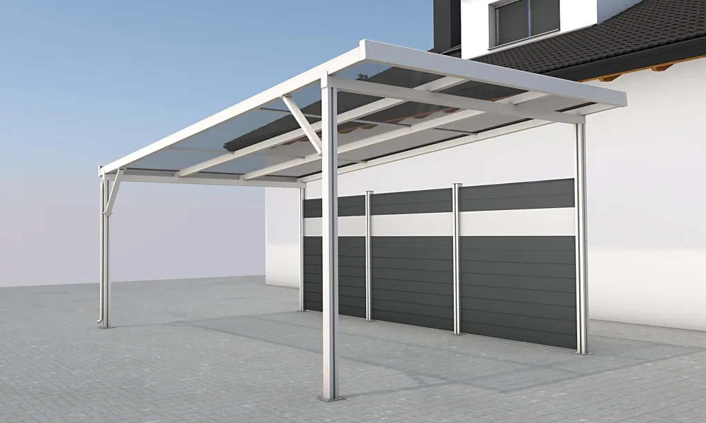 Side wall for carports, white, 5.82 x 1.86 m, WPC boards dark grey / PC panels clear