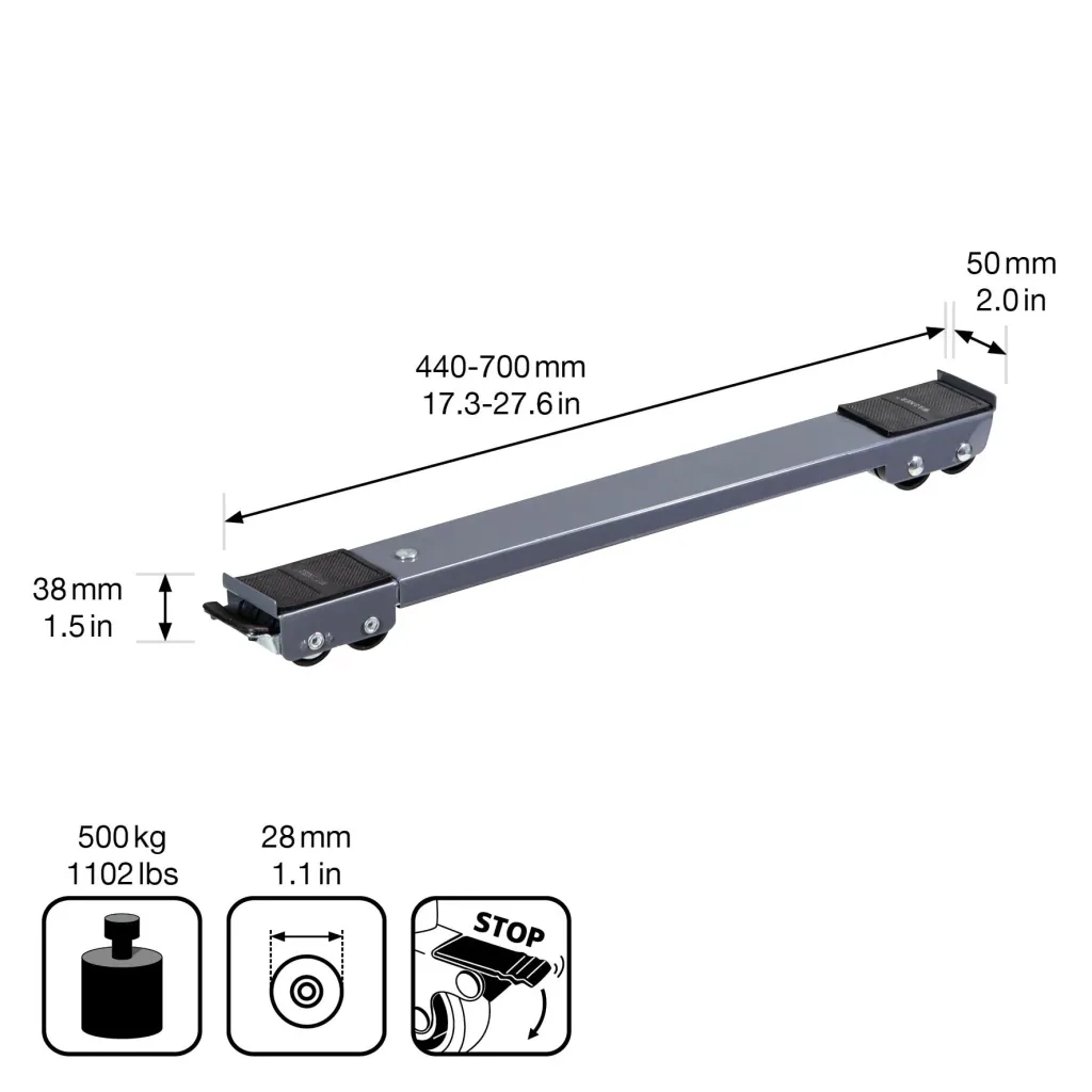 Transport rail MM 1199 2-part, 45-70 cm, extendable, 12 fixed castors Ø 30 mm, brake, load capacity 500 kg