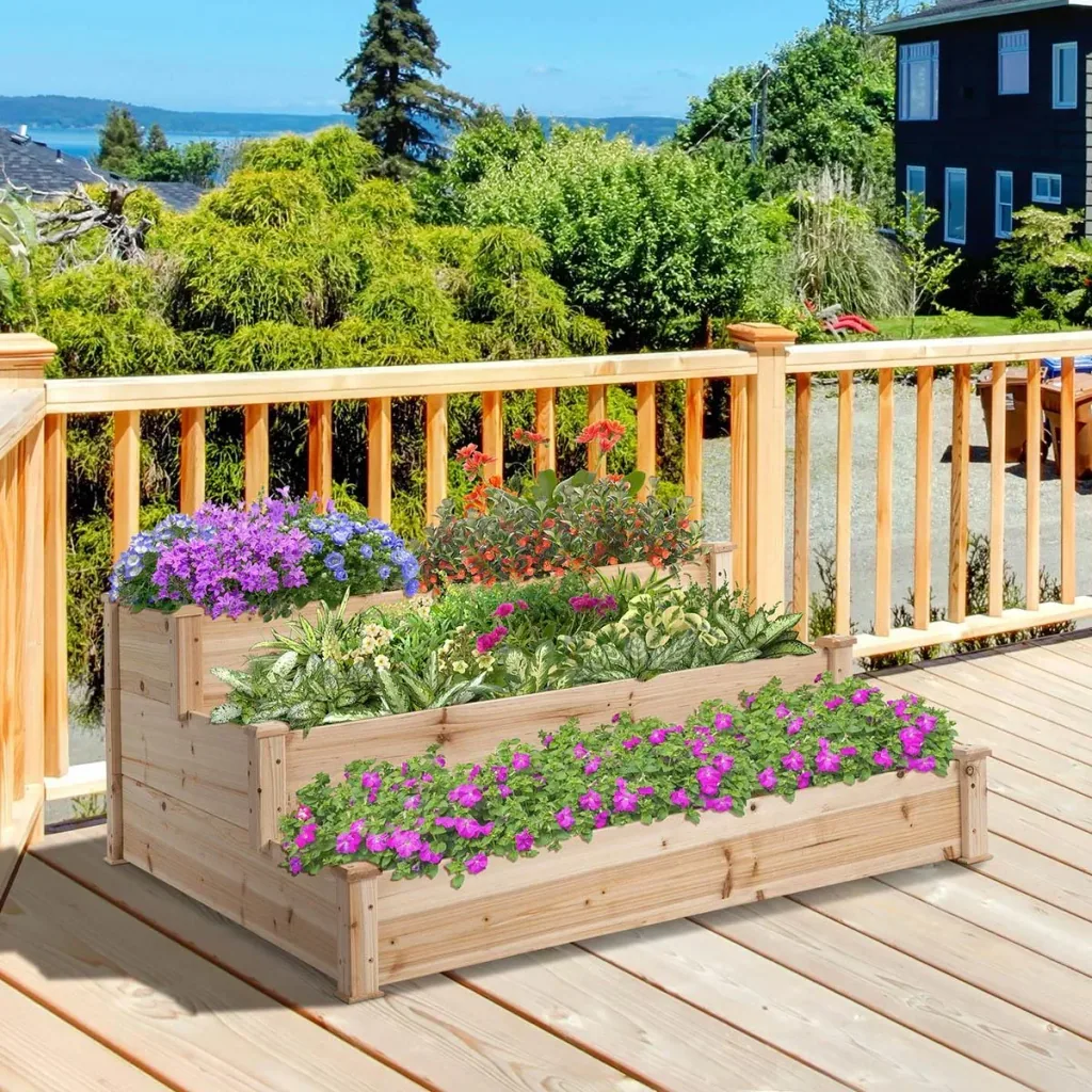 Raised bed 3-tiered garden bed plant bed herb bed flower stairs for balcony garden natural fir wood 124 x 124 x 56 c