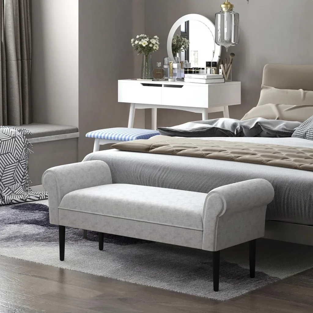 Upholstered bench, lounge stool, hallway bench, bed bench, elegant with rolled sides, linen fabric, foam, polyester