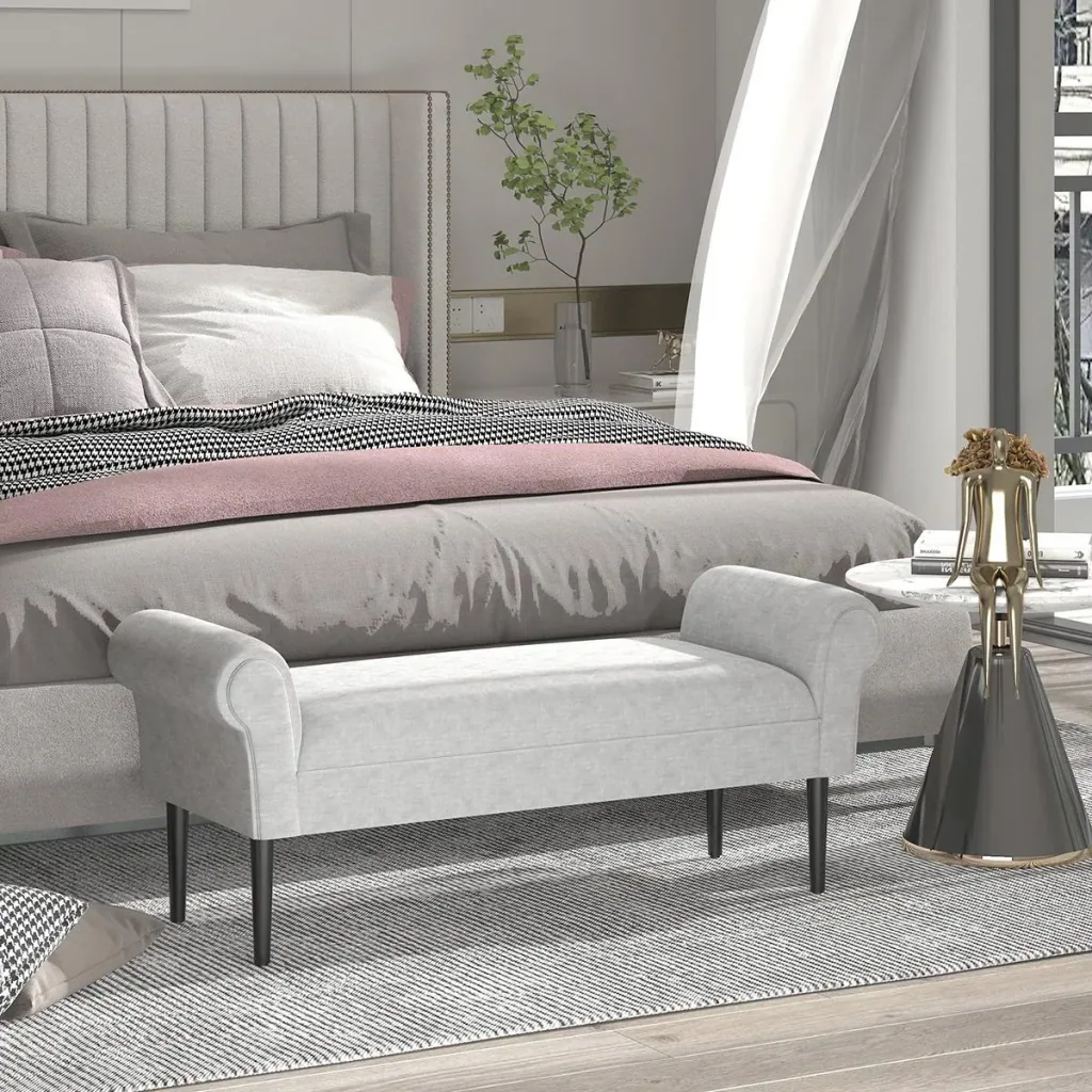 Upholstered bench, lounge stool, hallway bench, bed bench, elegant with rolled sides, linen fabric, foam, polyester