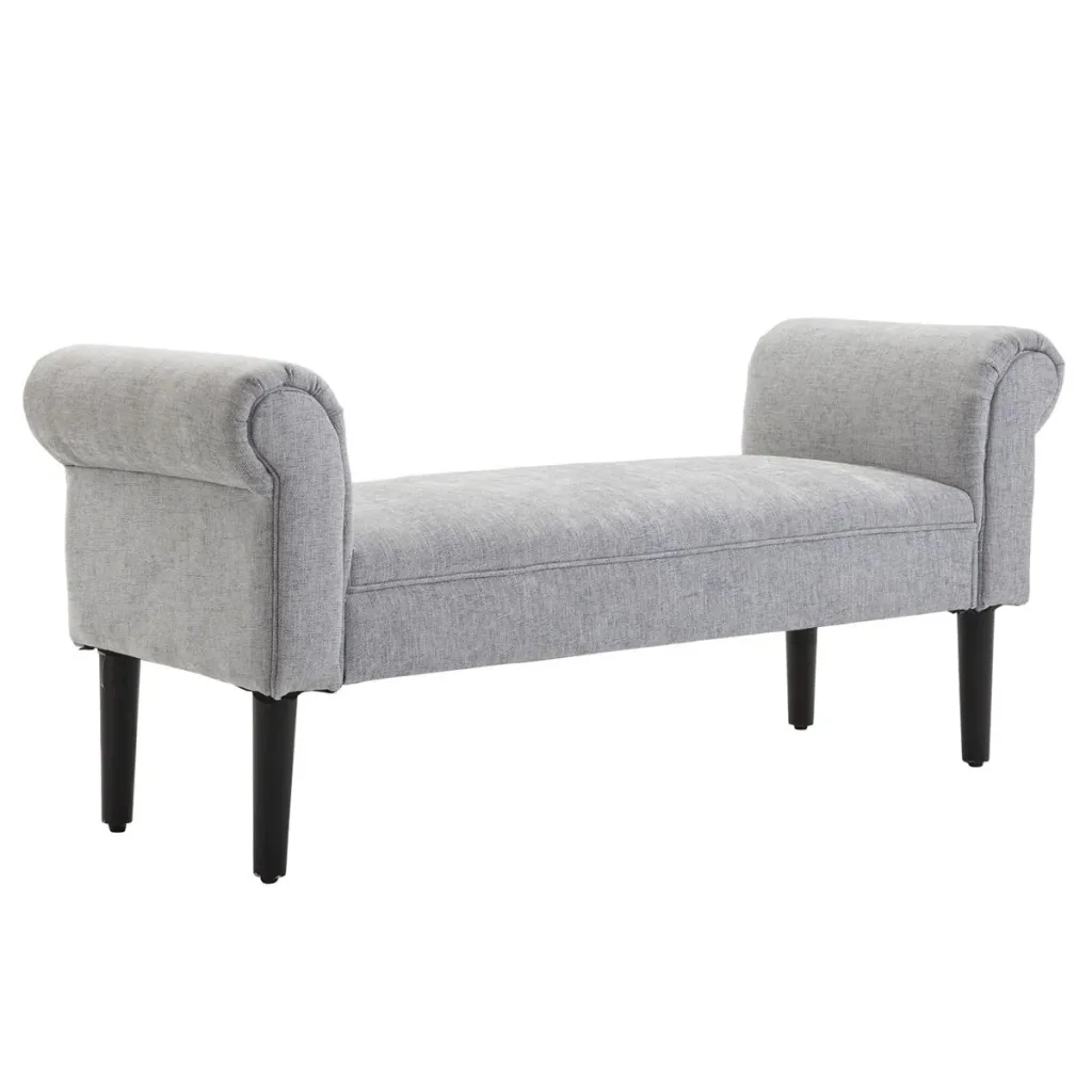Upholstered bench, lounge stool, hallway bench, bed bench, elegant with rolled sides, linen fabric, foam, polyester