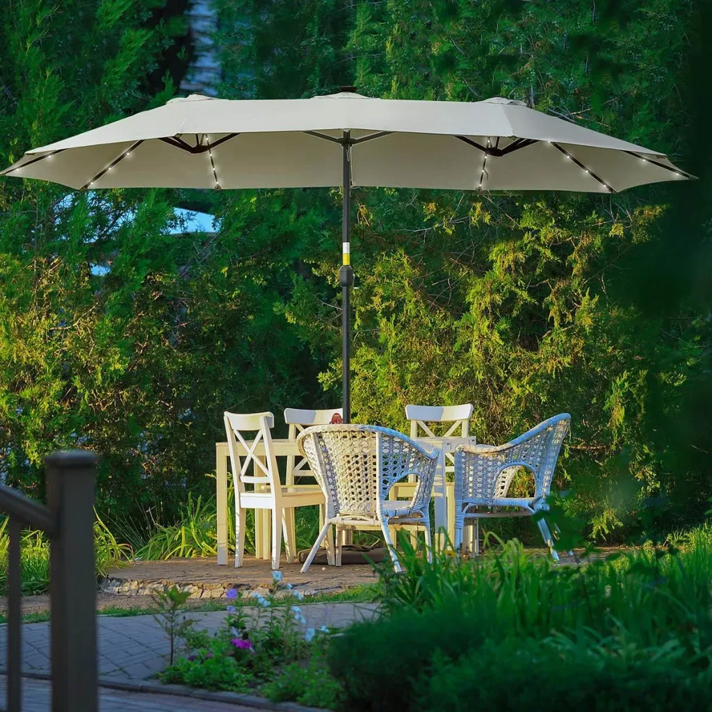 Double parasol with LED lights 4.5m light grey