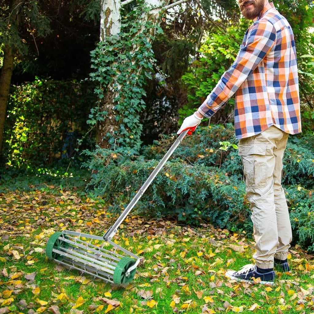 Lawn aerator handle length adjustable hand scarifier lawn aeration spiked roller lawn rolling lawn aerator care garden