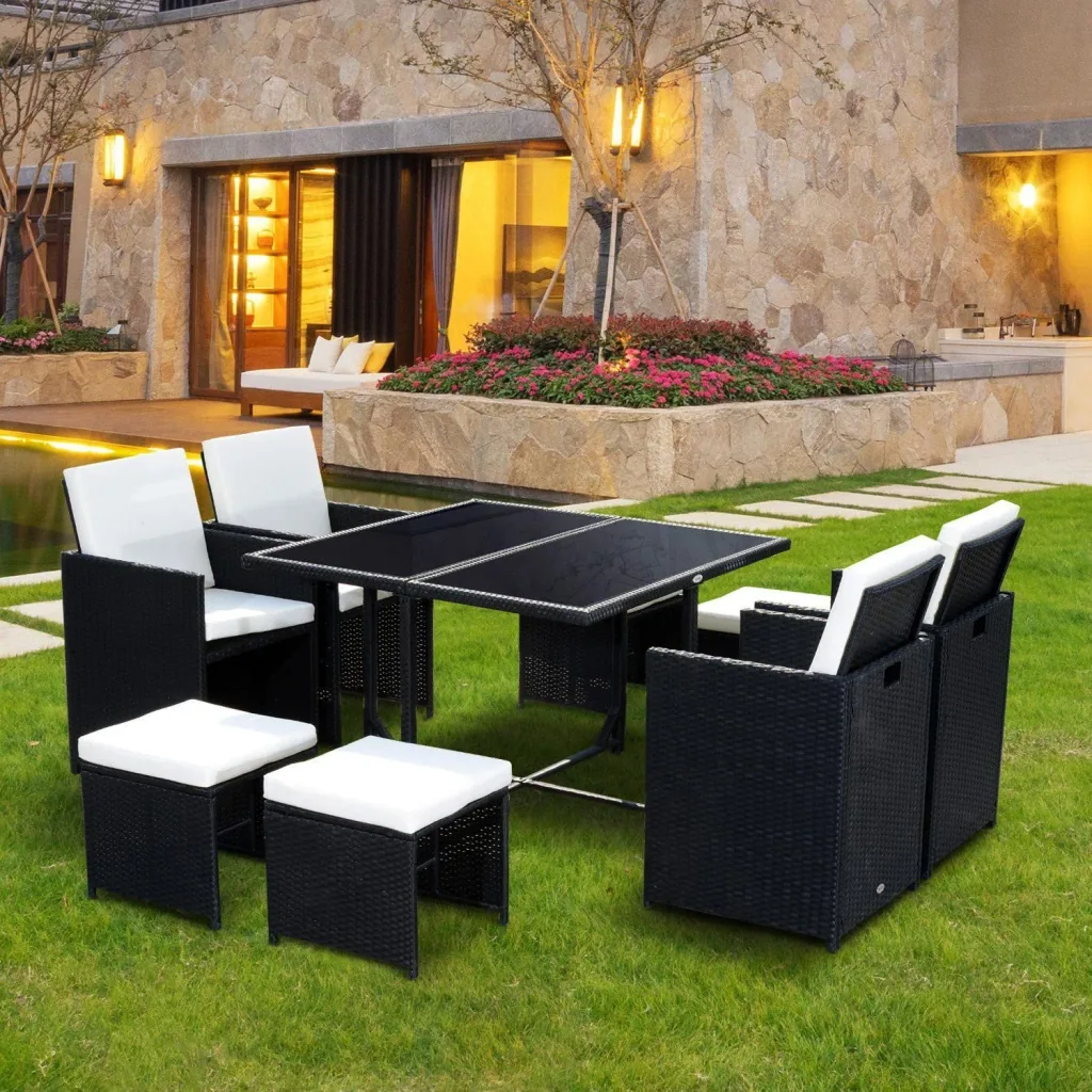Polyrattan dining set 21 pcs, rattan seating group 4 chairs 4 stools incl. cushions