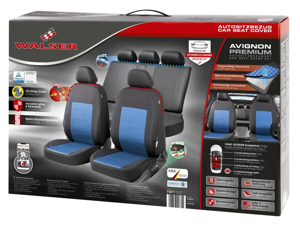 Car seat cover Avignon Premium, blue/black, complete set 14 pieces