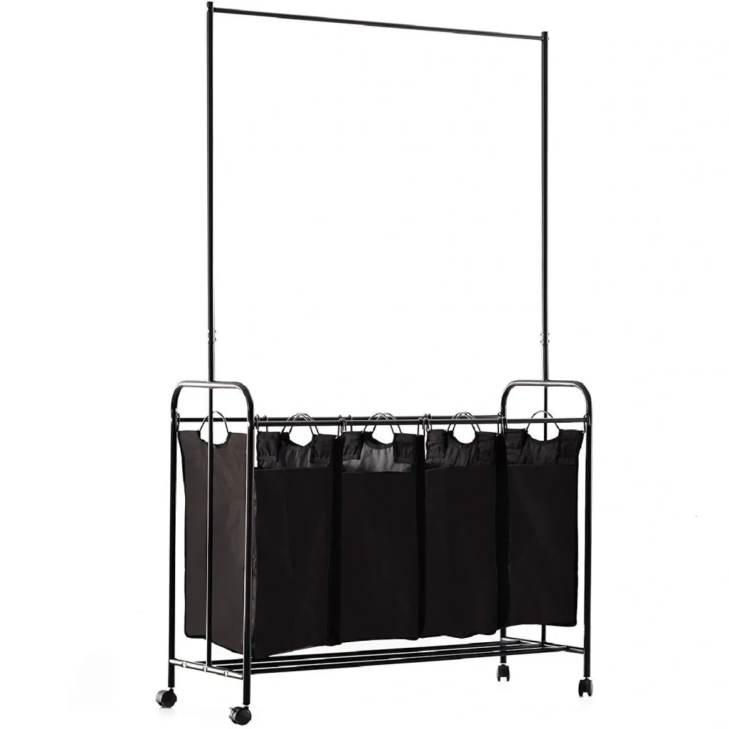 Laundry basket laundry cart 4 sorting compartments wheels black