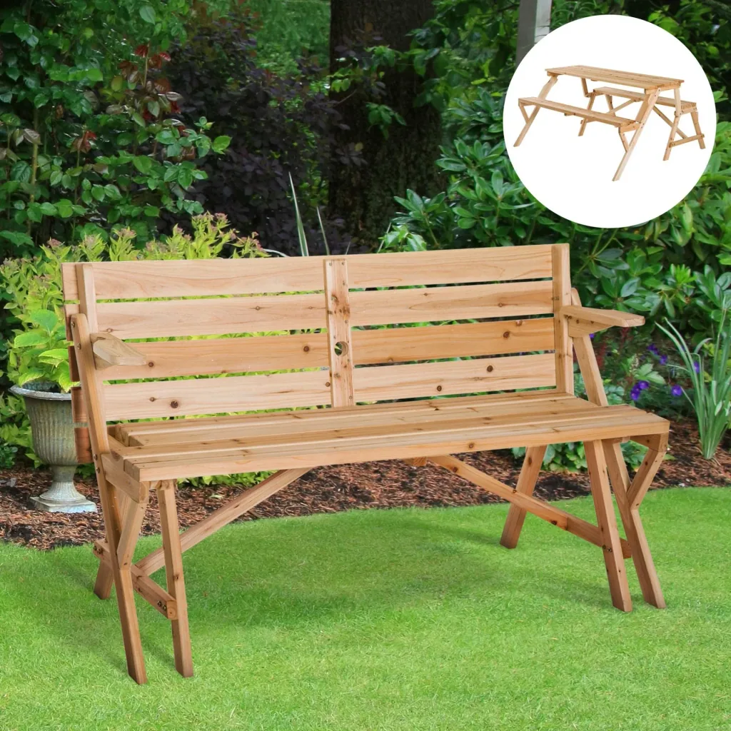 Beer tent set 2-in-1 foldable seating group garden set 1 x table 2 x bench fir wood natural 138 x 130 x 73 cm