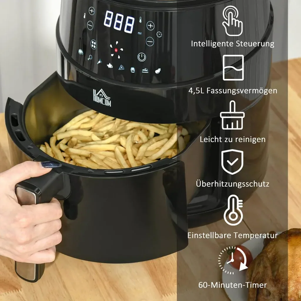 Hot air fryer without oil 4.5 L 1500W Airfryer with 8 preset modes LED display Non-stick coated basket for healthy