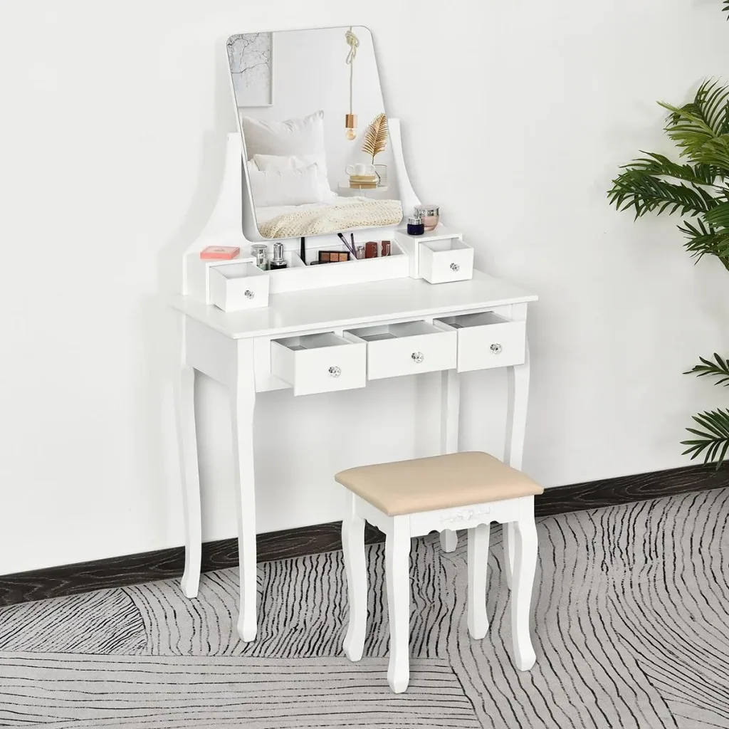 Dressing table with mirror and 5 drawers, white