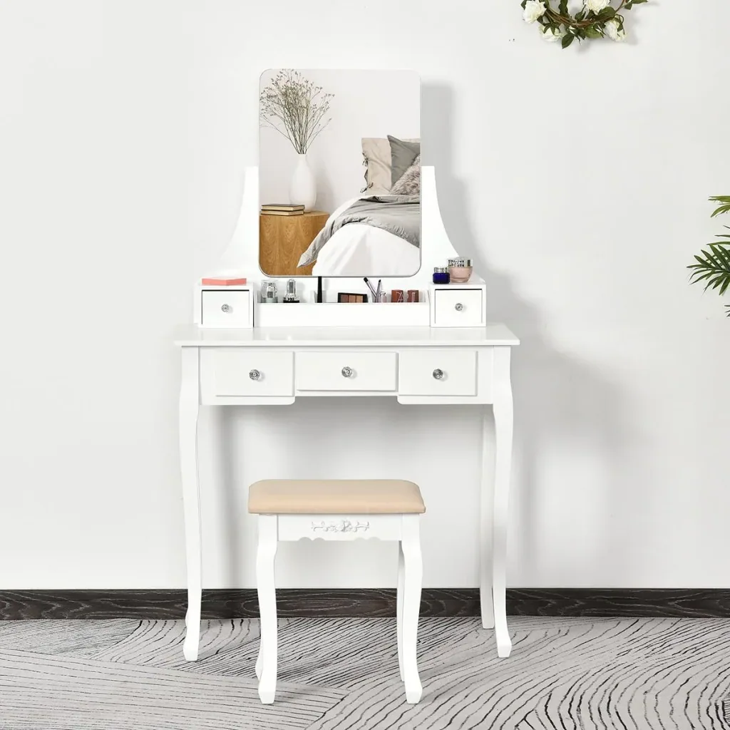 Dressing table with mirror and 5 drawers, white