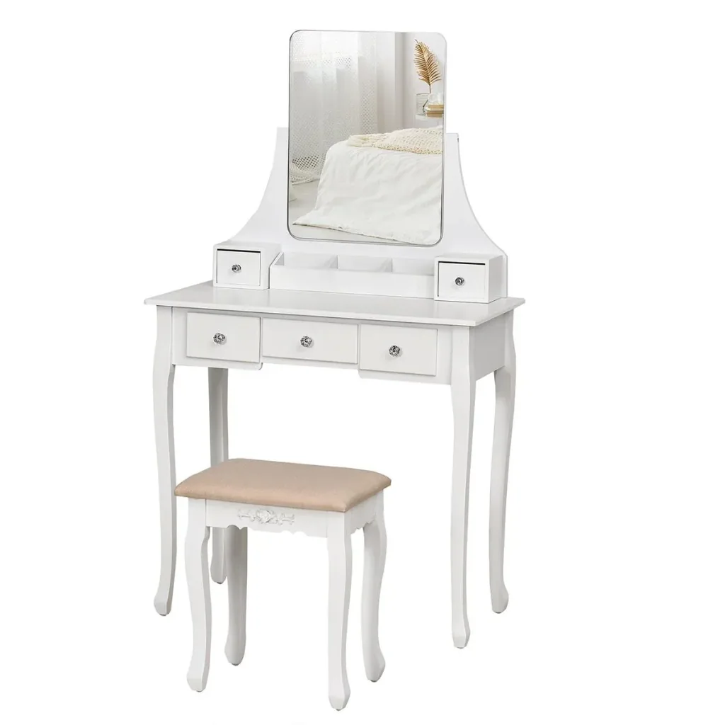 Dressing table with mirror and 5 drawers, white