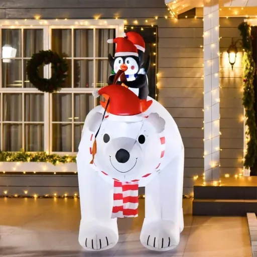 Inflatable penguins on polar bear 2.1 m Christmas decoration