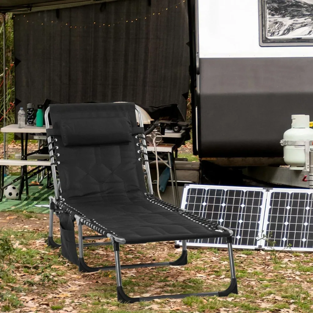 Folding sun lounger with cushion, adjustable, black, 188 x 57 x 30 cm