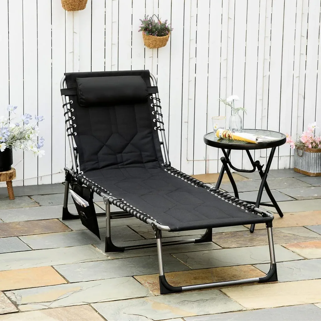 Folding sun lounger with cushion, adjustable, black, 188 x 57 x 30 cm