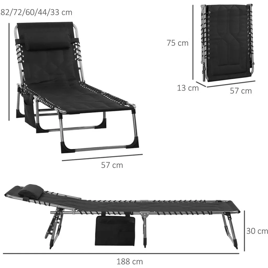 Folding sun lounger with cushion, adjustable, black, 188 x 57 x 30 cm