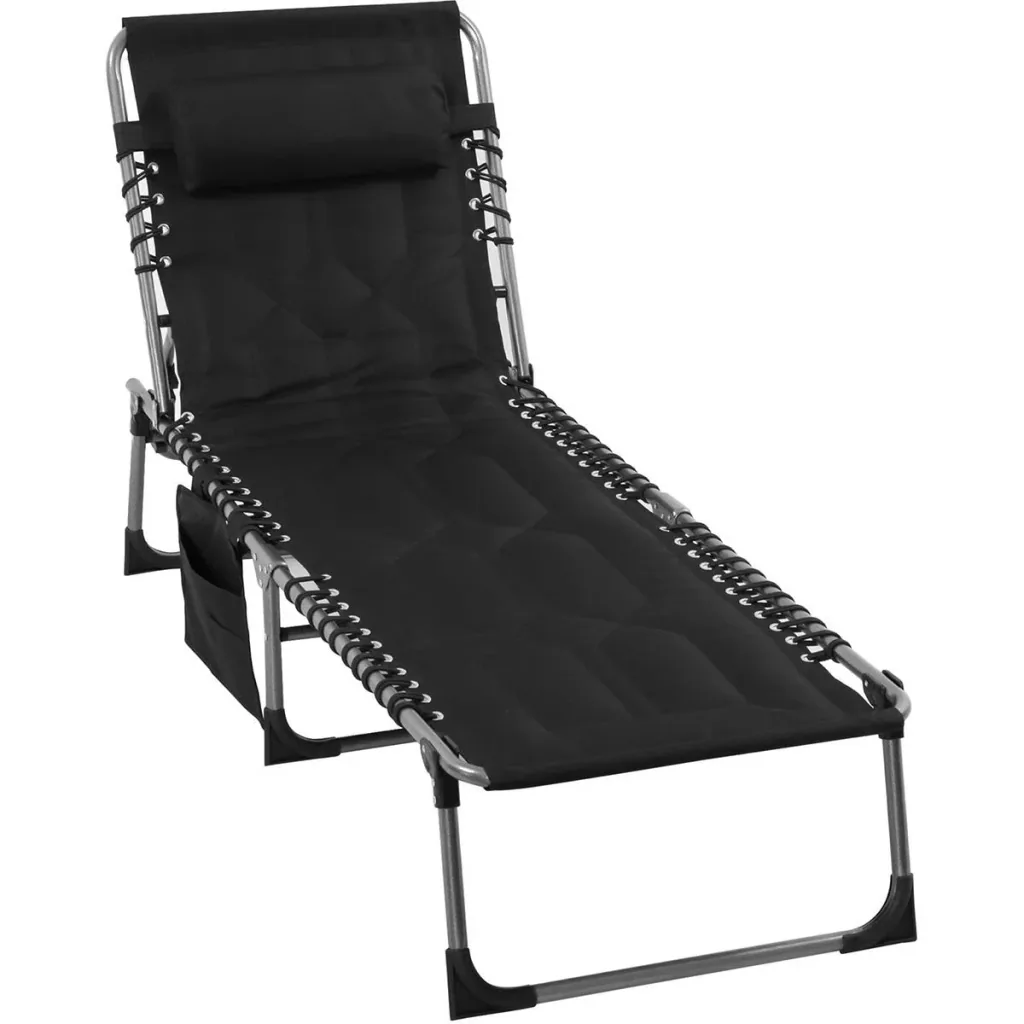 Folding sun lounger with cushion, adjustable, black, 188 x 57 x 30 cm