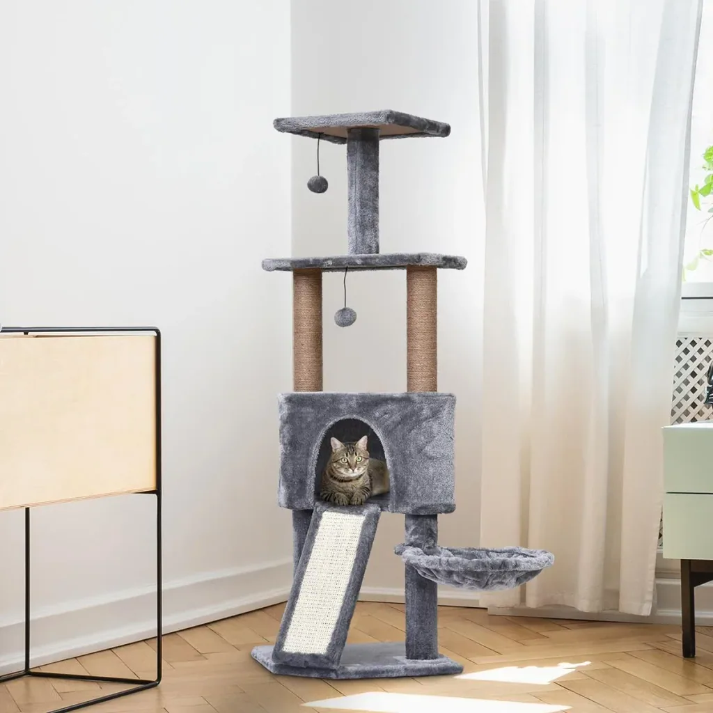 Cat scratching post with hanging bed