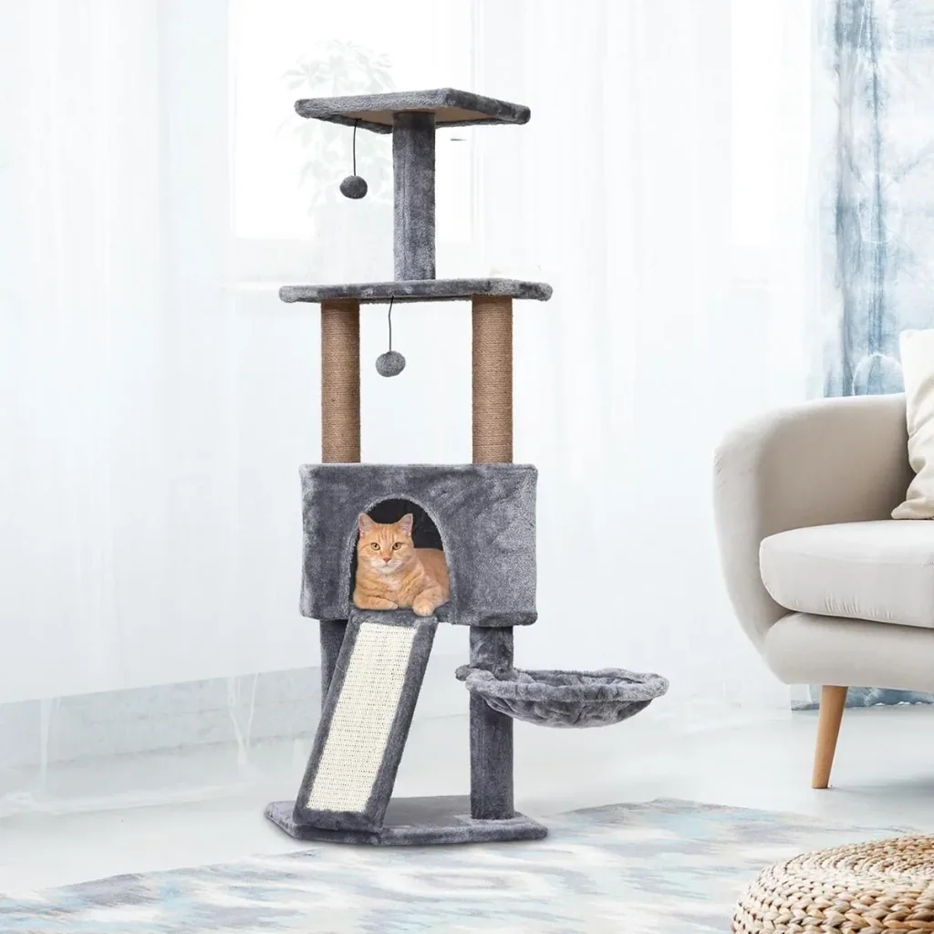 Cat scratching post with hanging bed