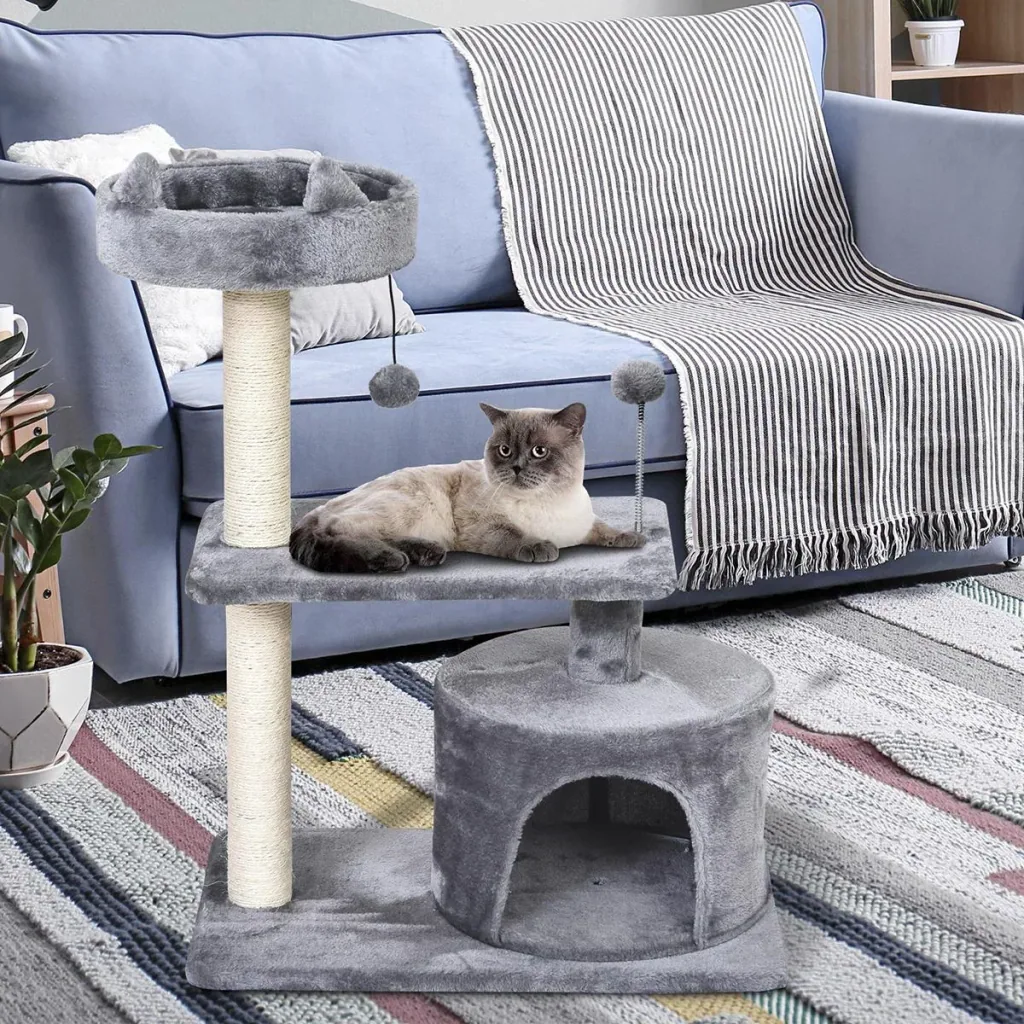 Scratching post with cat cave