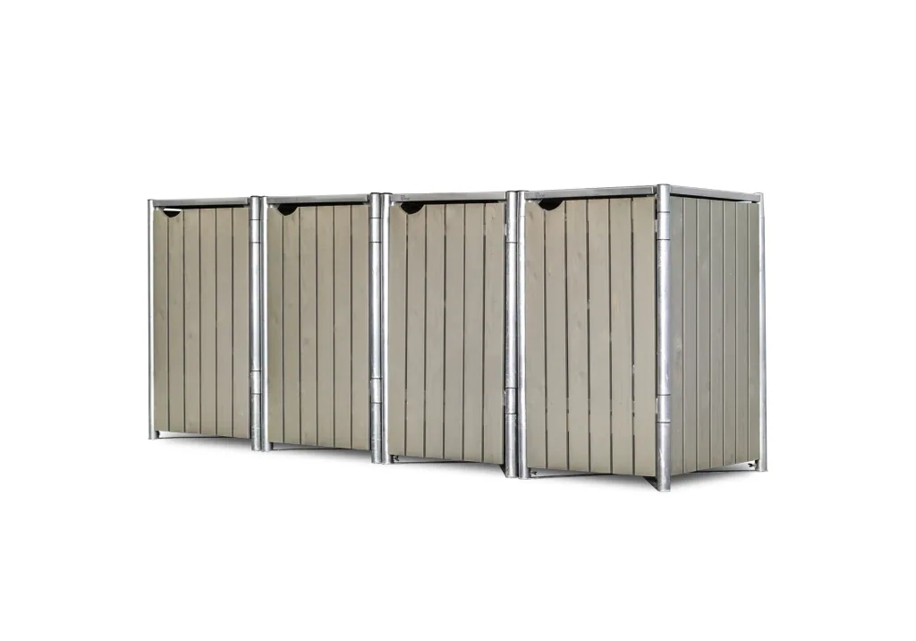 Garbage can box 4-compartment, natural wood grey, for 240 l bins